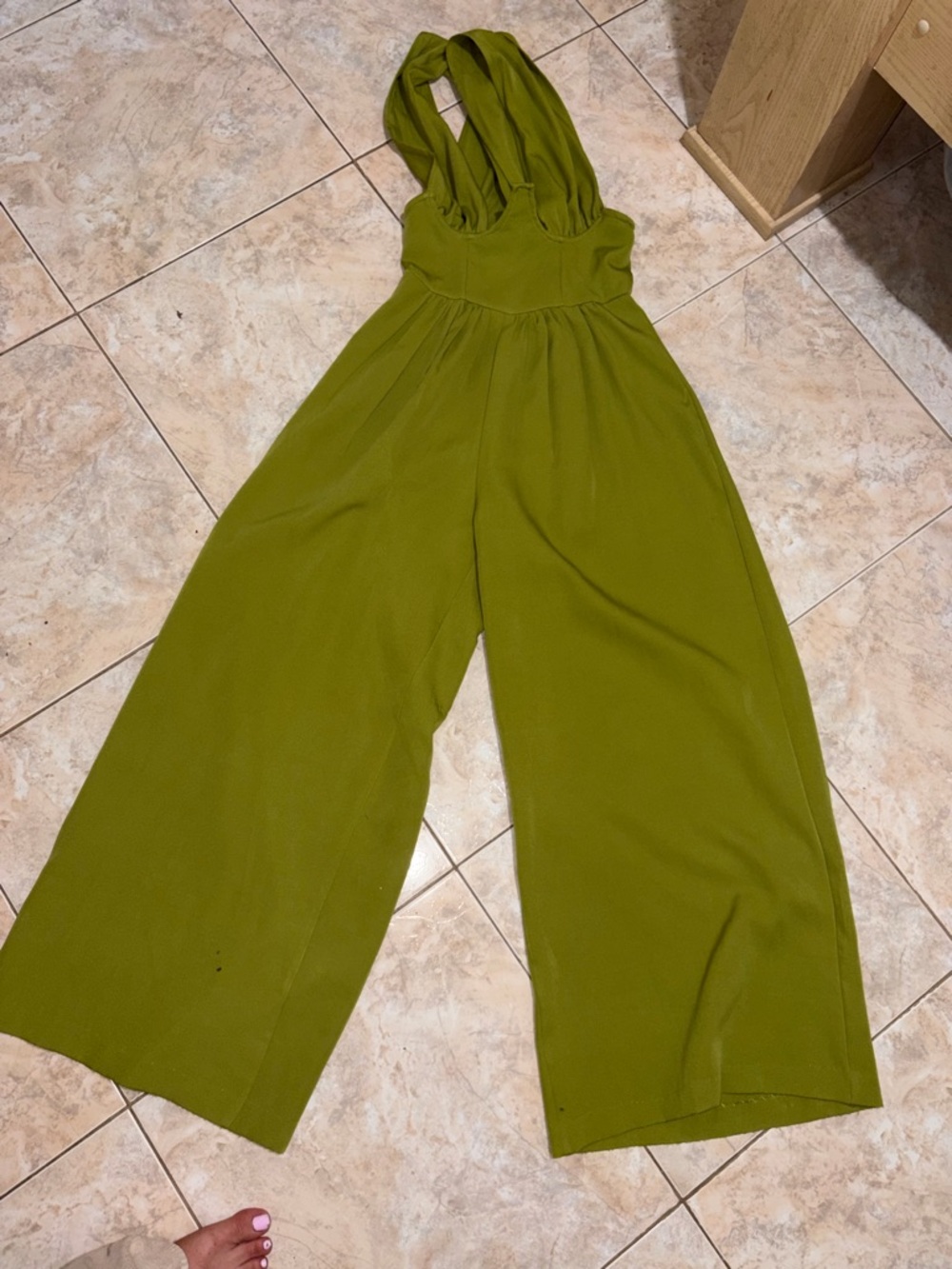 Fashion Nova Olive Green Halter Wide-Leg Jumpsuit